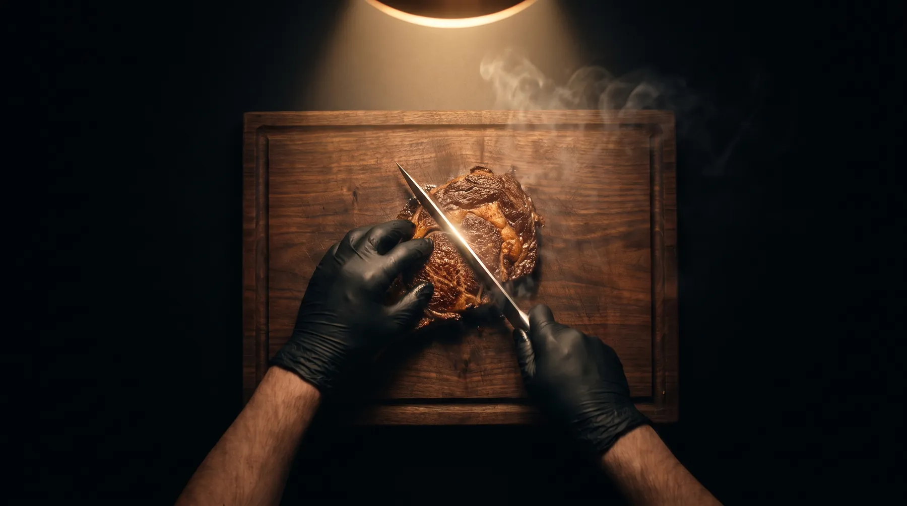 Zwei Hände schneiden unter einer Lampe ein gegrilltes Steak auf einem Holzbrett